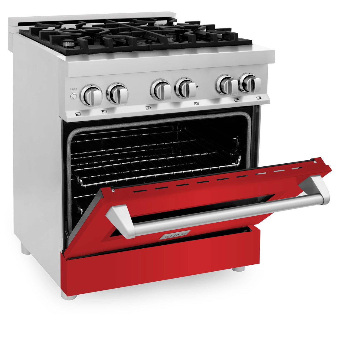 Dual fuel range with open oven door, red interior, and black cooktop grates