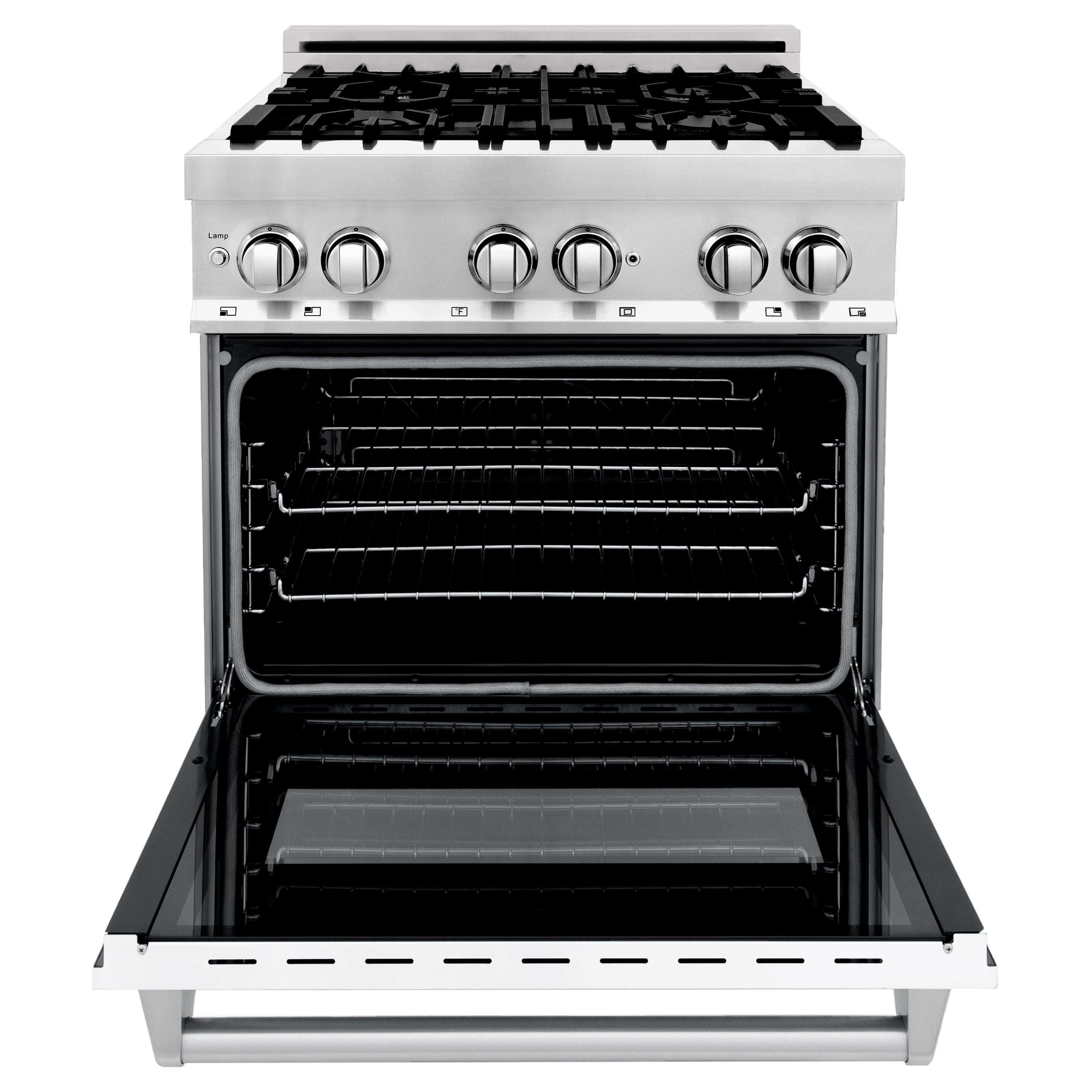 Stainless steel dual fuel range with open oven door and interior bake racks