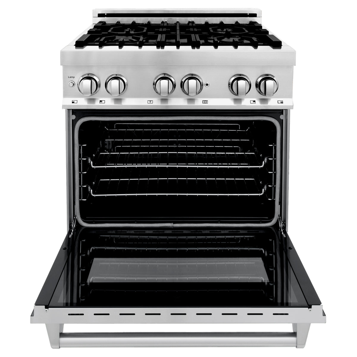 Stainless steel dual fuel range with oven door open and visible bake racks