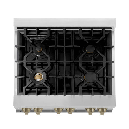 Dual-fuel range cooktop with black grates and champagne bronze burner caps