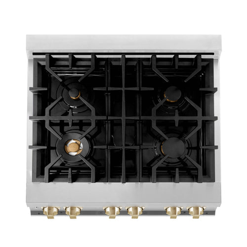 Dual fuel range cooktop with black grates and four burners