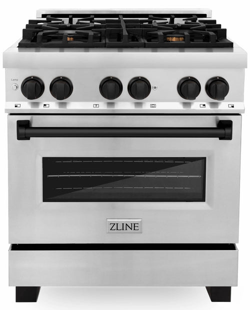 Stainless steel ZLINE dual fuel range with black control knobs and oven window
