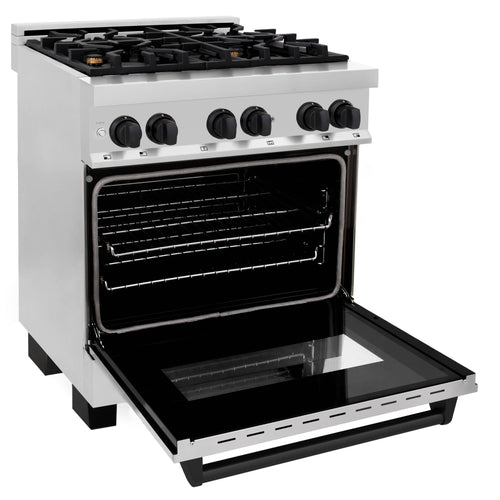 White dual fuel range with open oven door and black cooktop grates