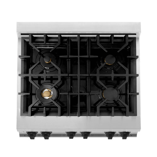 Top view of black burner grates on a white dual fuel range