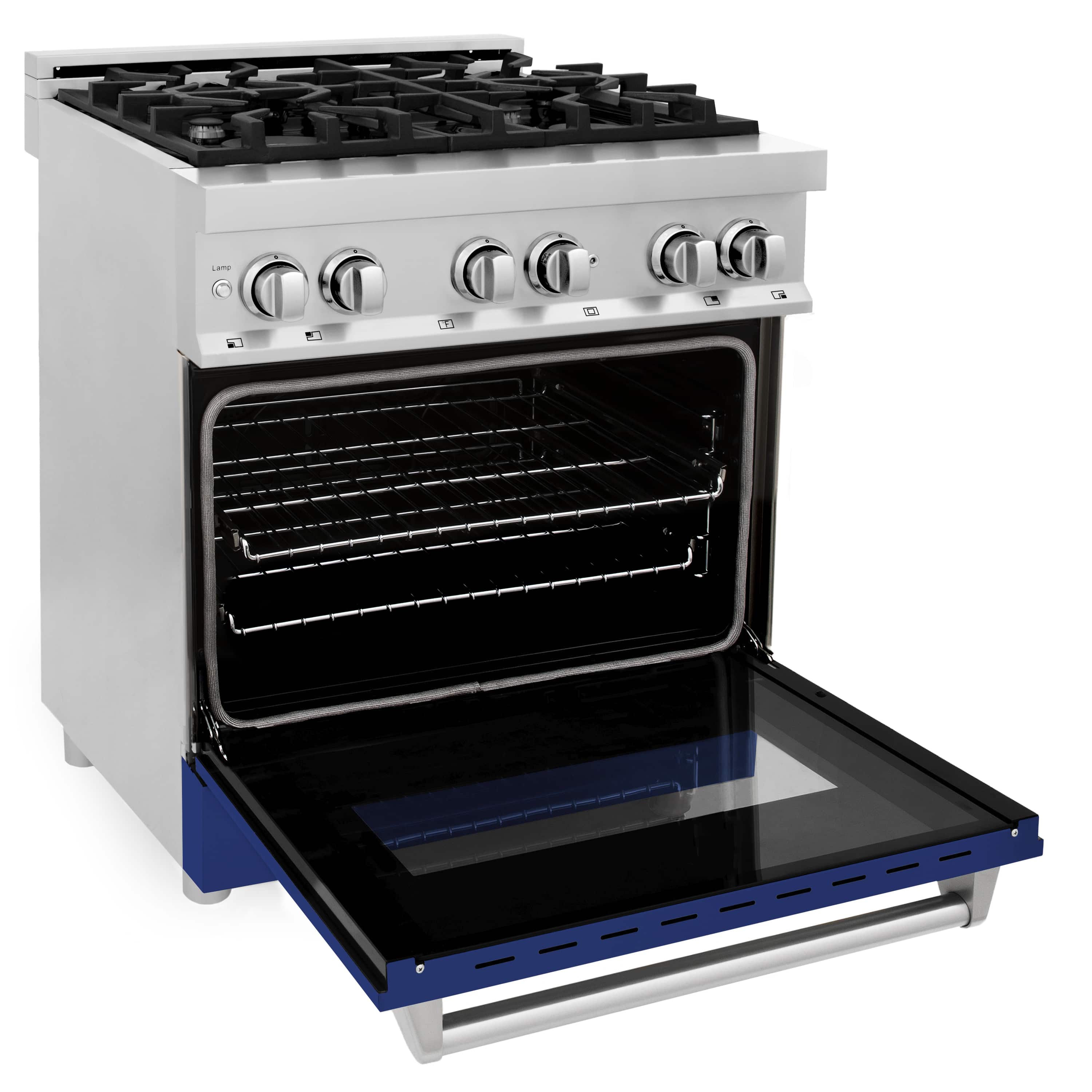 Dual fuel range with open oven door and blue lower drawer base