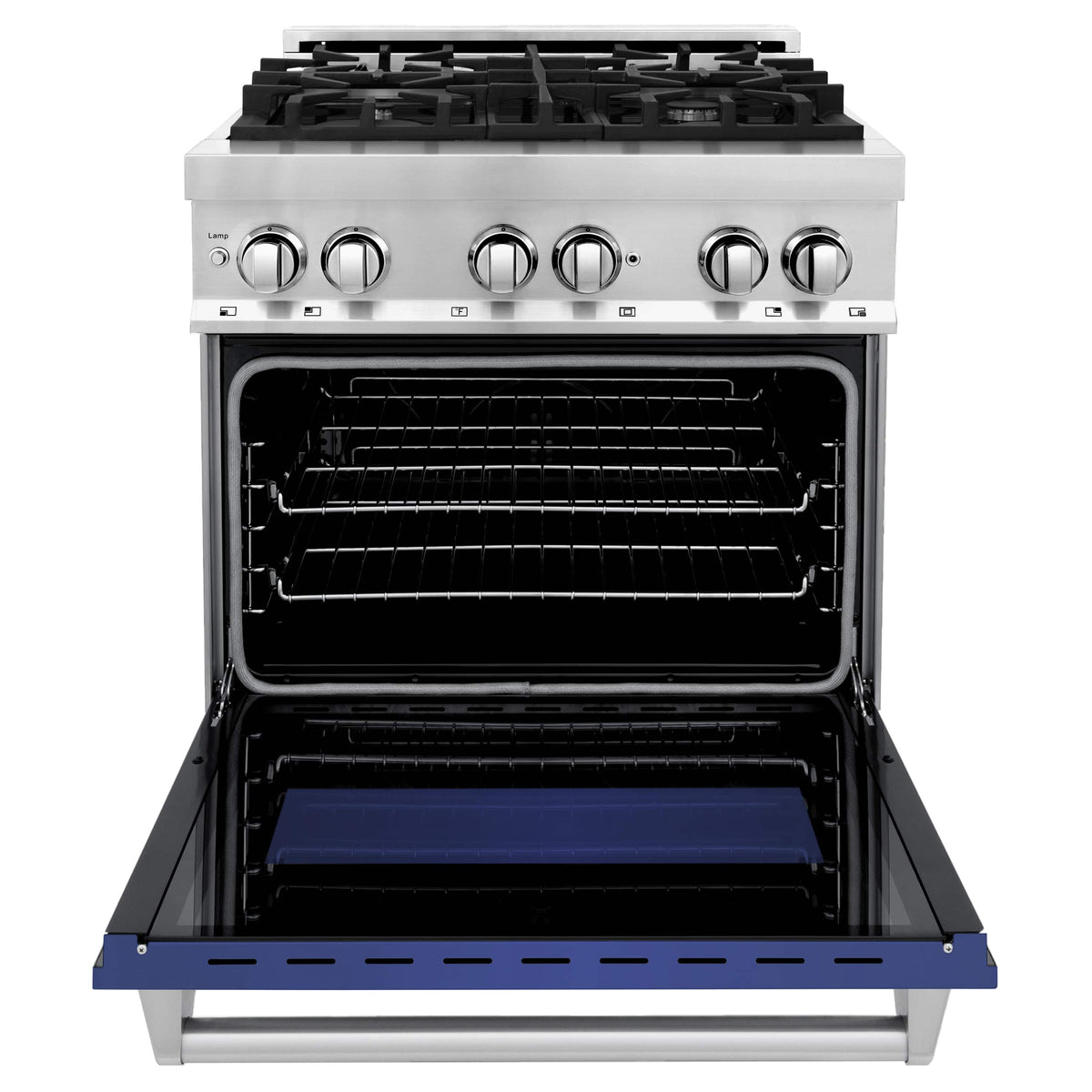 Open oven with racks inside and blue drawer panel on a dual fuel range