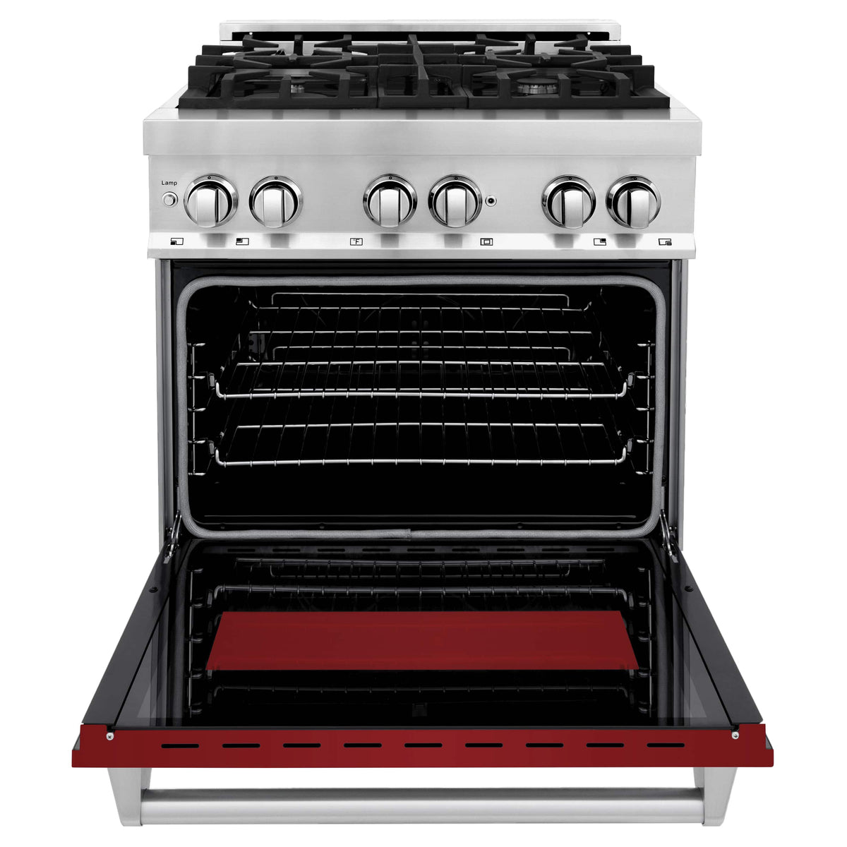 Dual fuel range oven door open, showing oven racks and red bottom panel