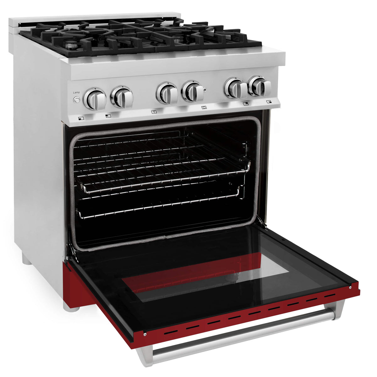 30-inch dual fuel range with open oven door, red interior panels, and oven racks