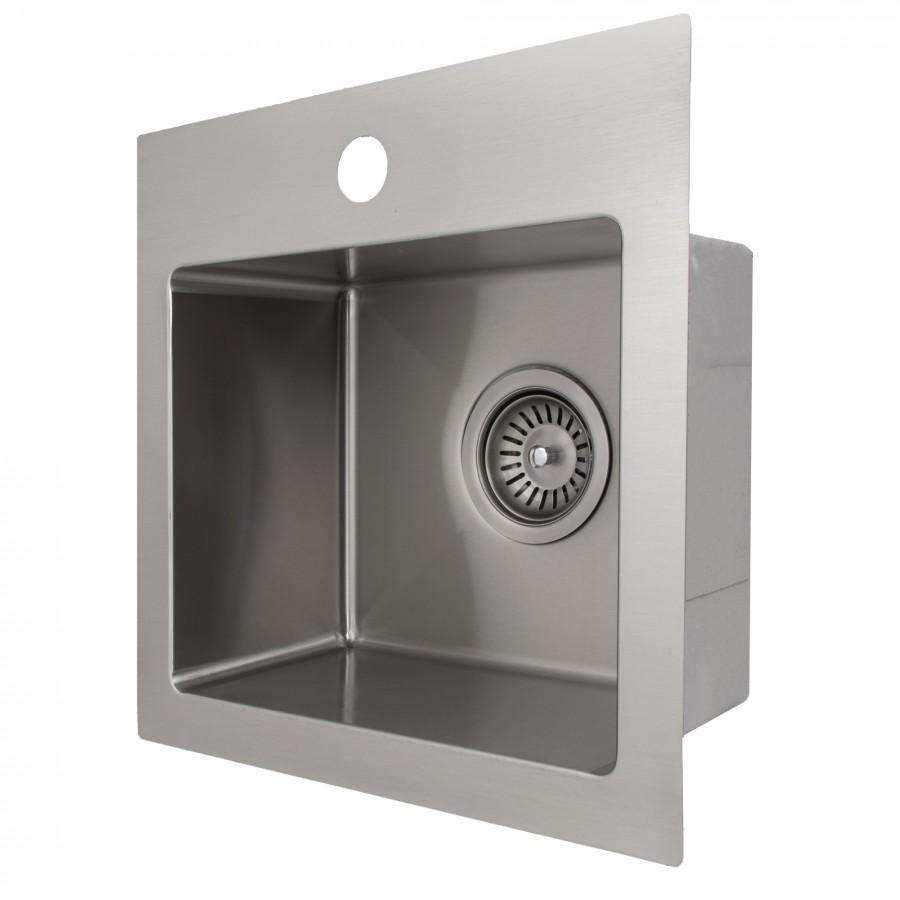 Stainless steel single-bowl topmount kitchen sink with circular drain and mounting cutout.
