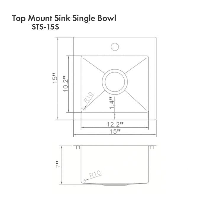 Topmount single-bowl kitchen sink diagram with round drain and measurements