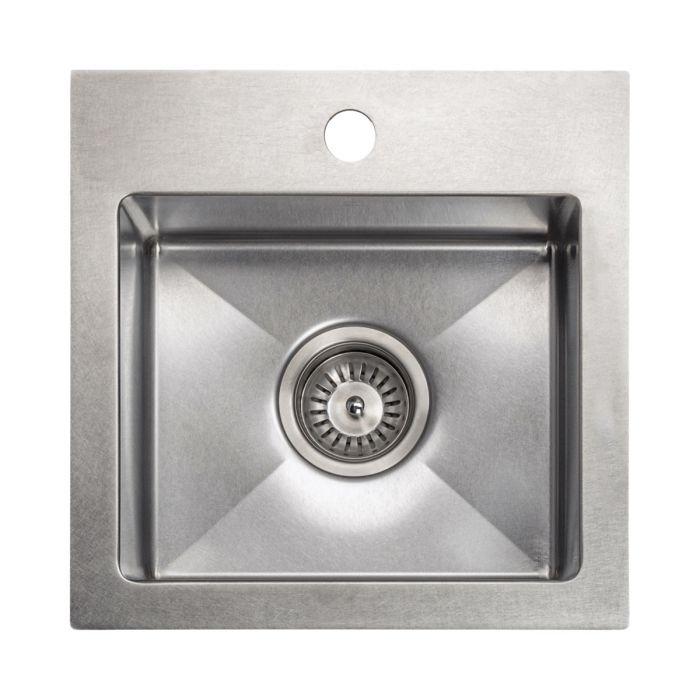Stainless steel single-bowl kitchen sink top view with centered round drain