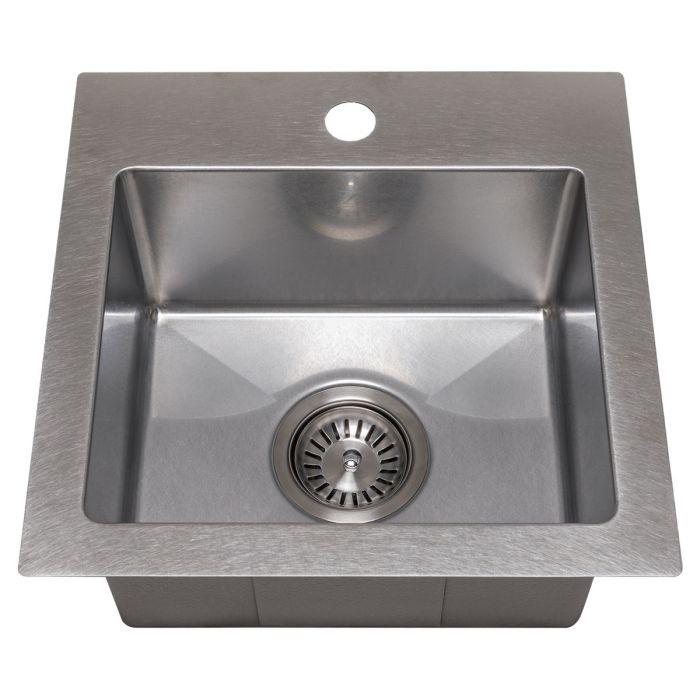 Square stainless steel single-bowl sink with round drain strainer in base