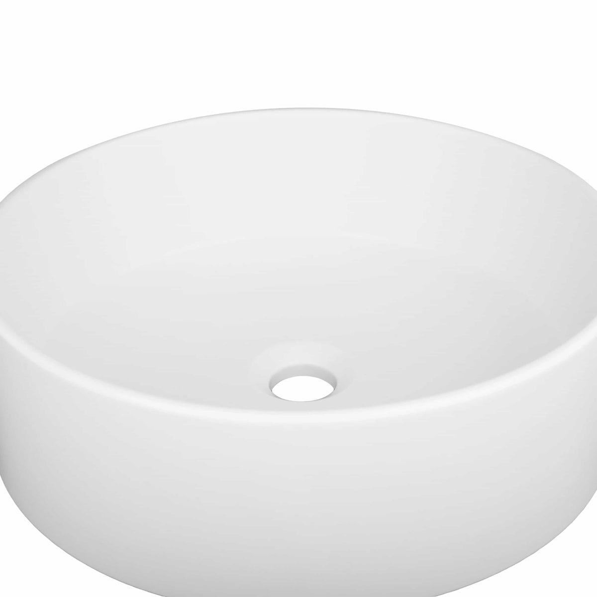 Matte white round vessel bath sink with centered drain hole