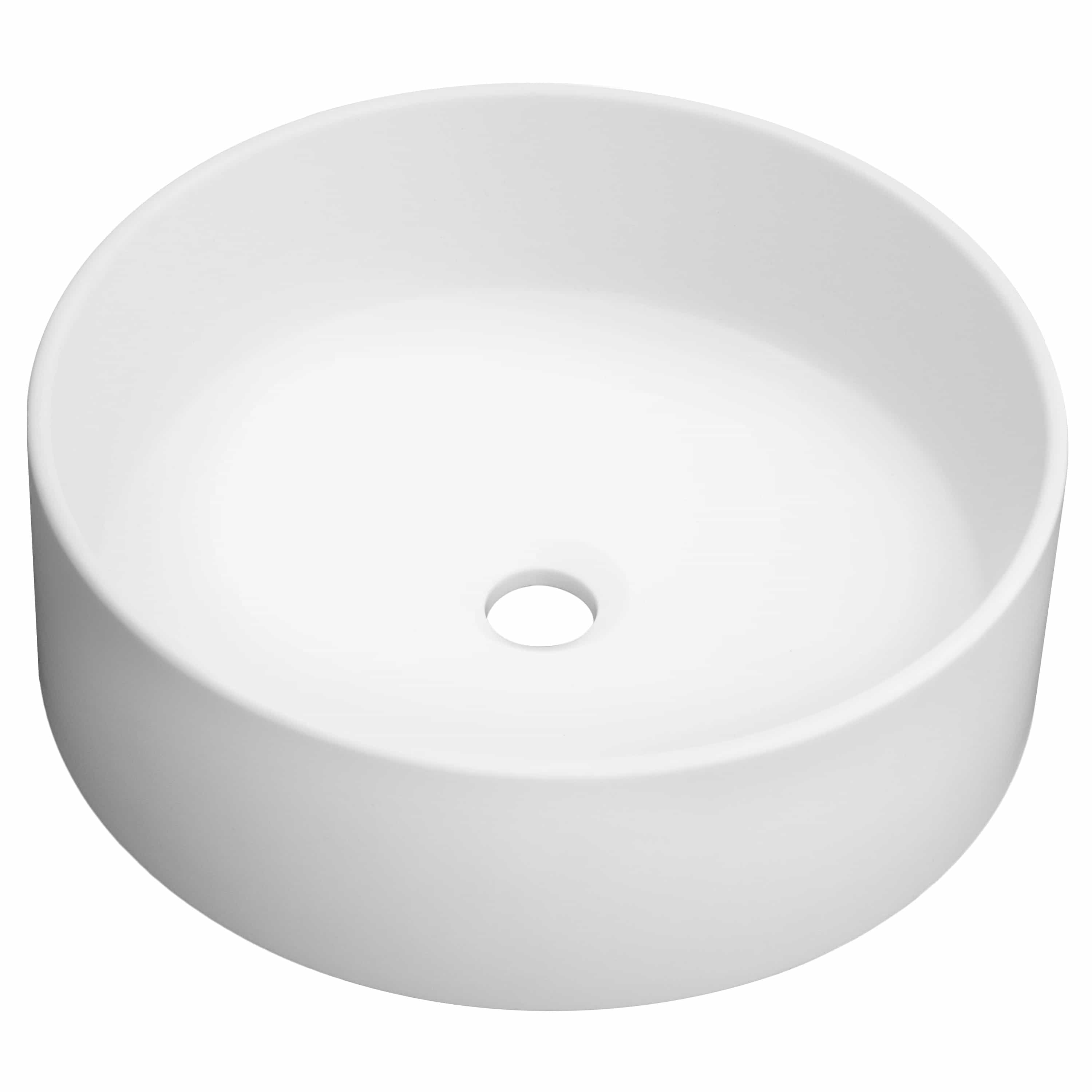Matte white round vessel bath sink with centered drain hole, angled view