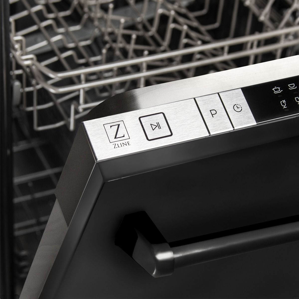ZLINE 18-inch dishwasher control panel with front display and traditional handle