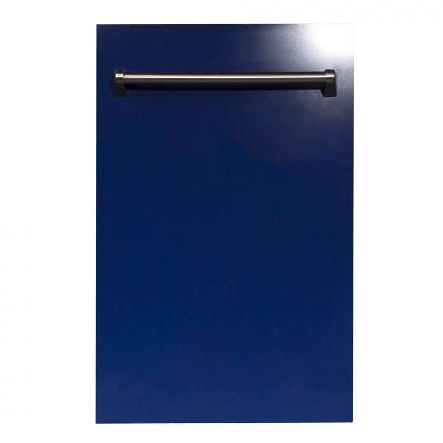Blue gloss dishwasher door with stainless handle bar