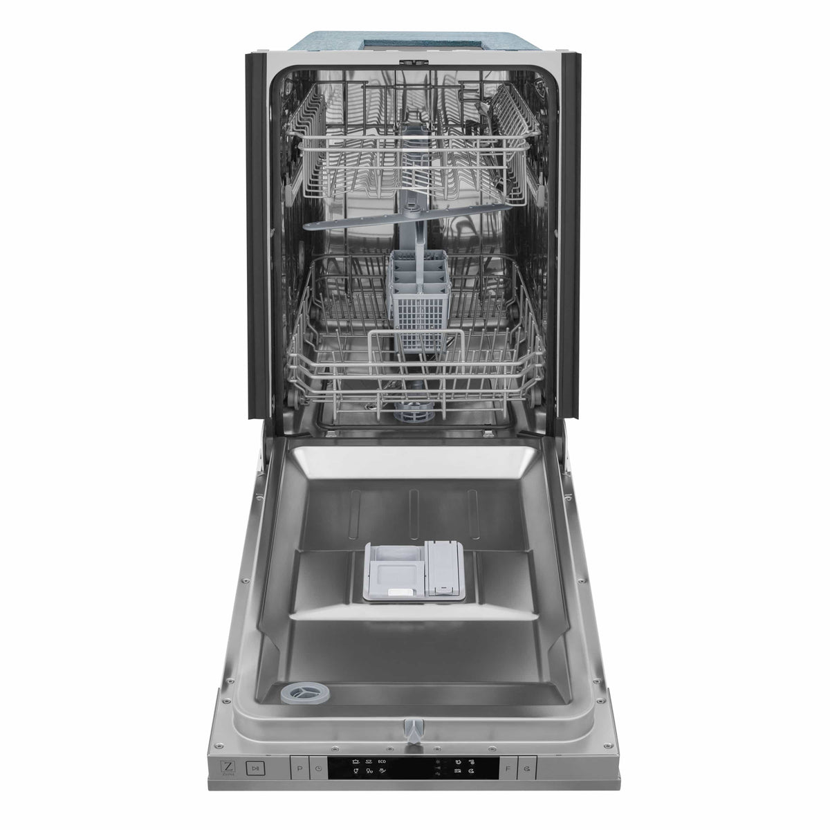 Stainless steel dishwasher with open door, interior racks and spray area visible