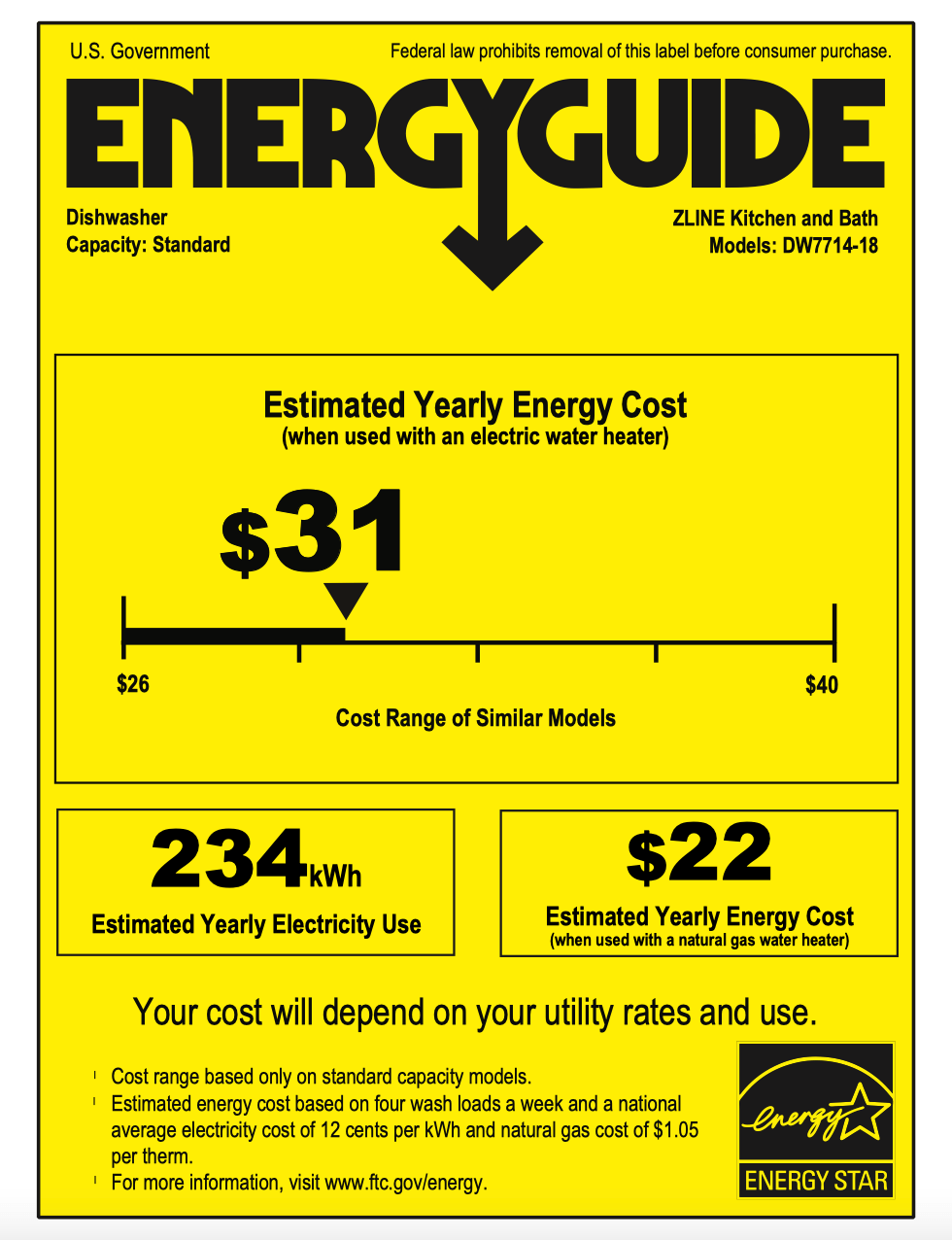 Yellow EnergyGuide label for dishwasher with estimated yearly energy cost