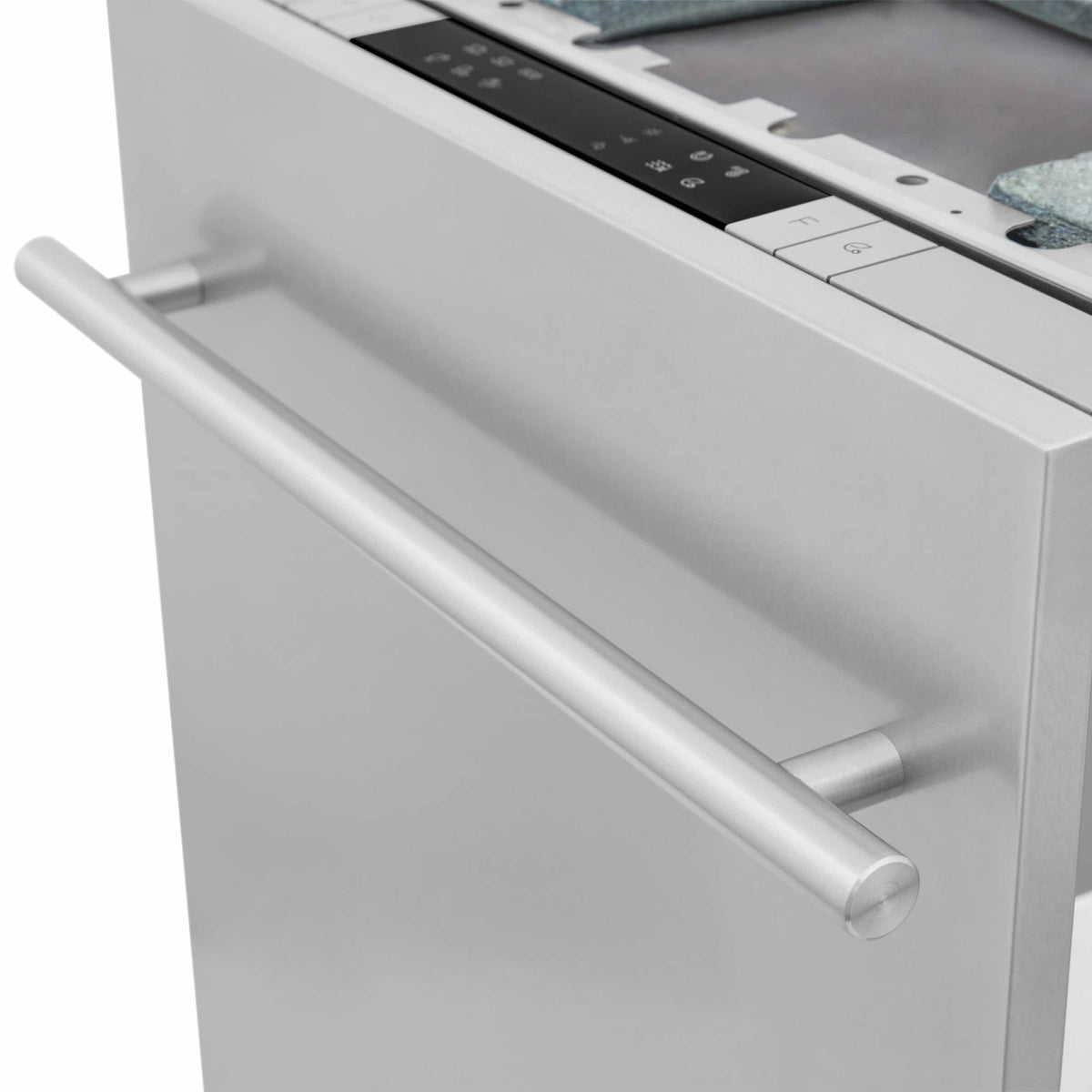 Dishwasher door handle and control panel area in satin stainless finish