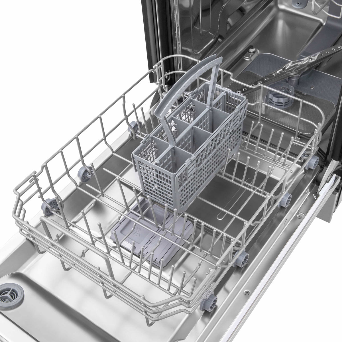 Dishwasher interior with silver racks and empty spray area, door open