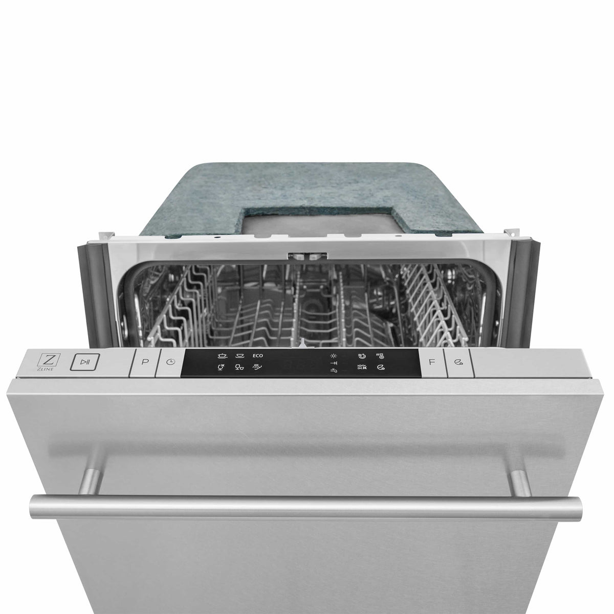 Stainless steel dishwasher with upper rack visible through open door and controls