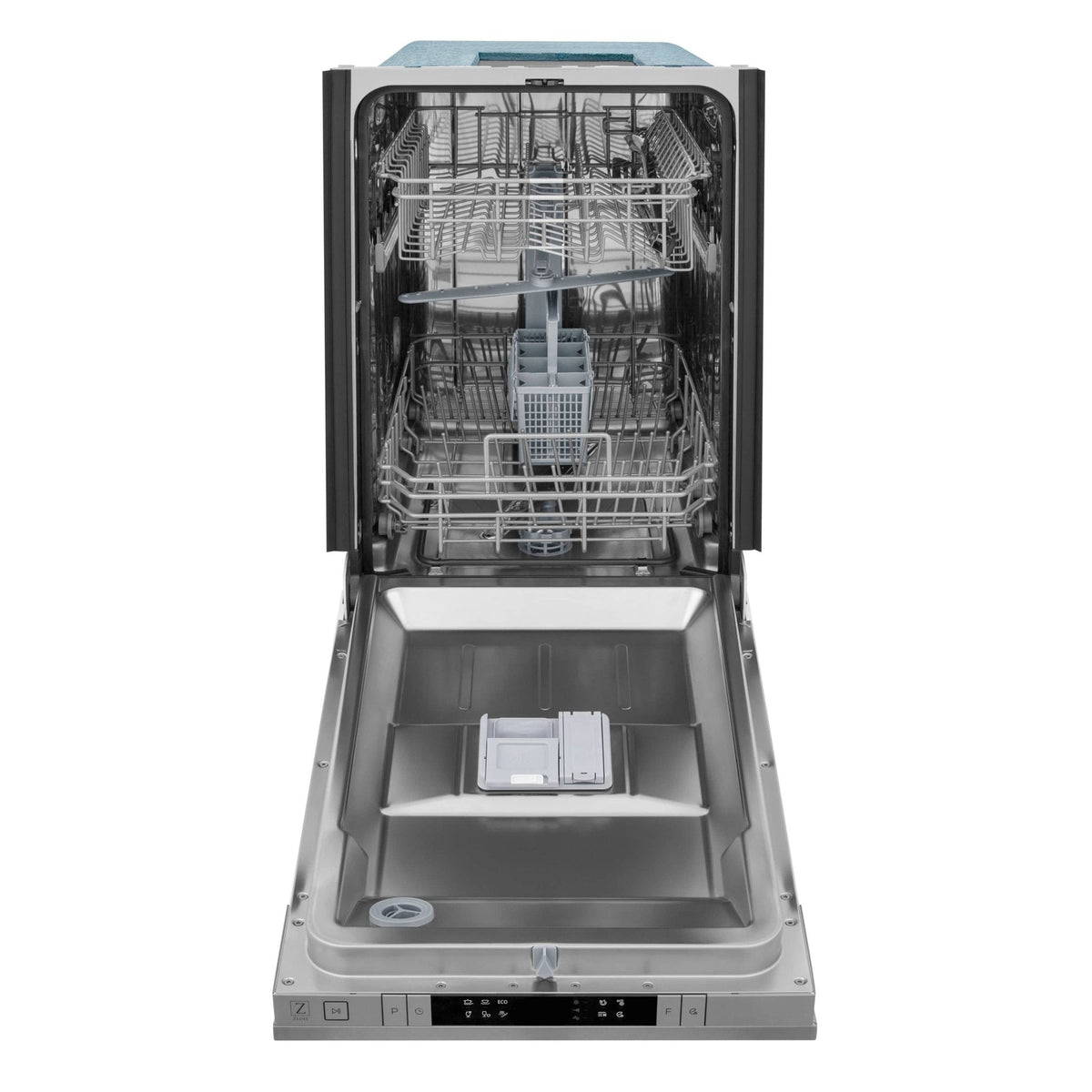 18-inch dishwasher with open door, stainless tub, and stacked racks
