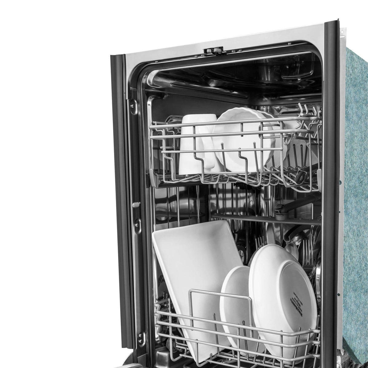 Stainless steel dishwasher door open, racks and interior tub visible