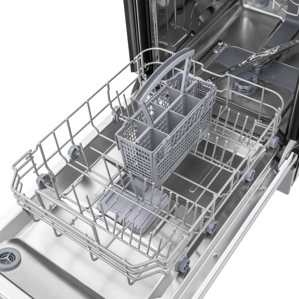 Dishwasher interior with chrome racks and a basketed utensil organizer