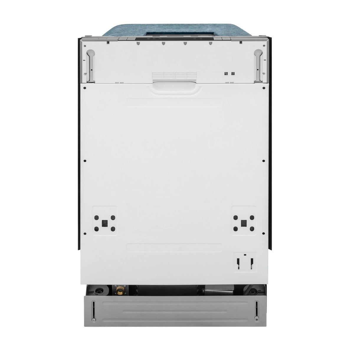 Underside view of dishwasher base and rear components with open top access
