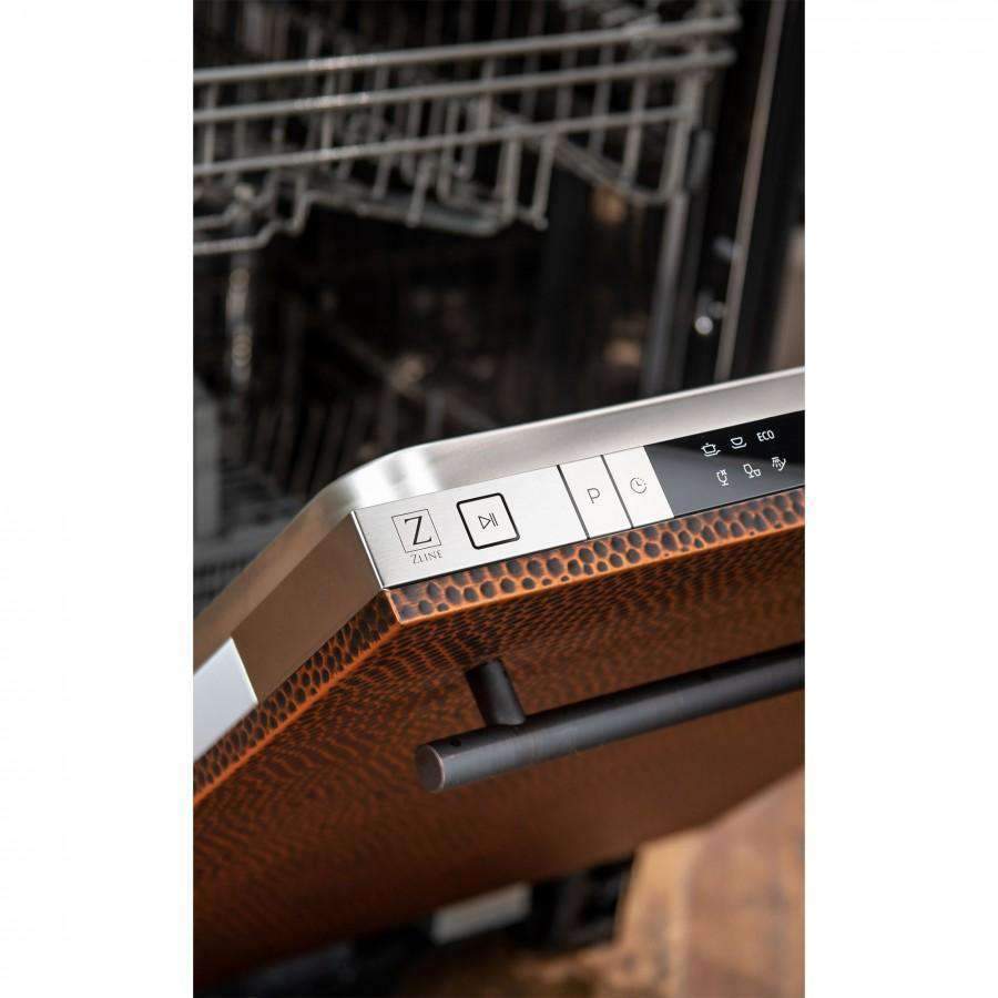 Copper tub rim with control buttons on dishwasher front, modern handle area