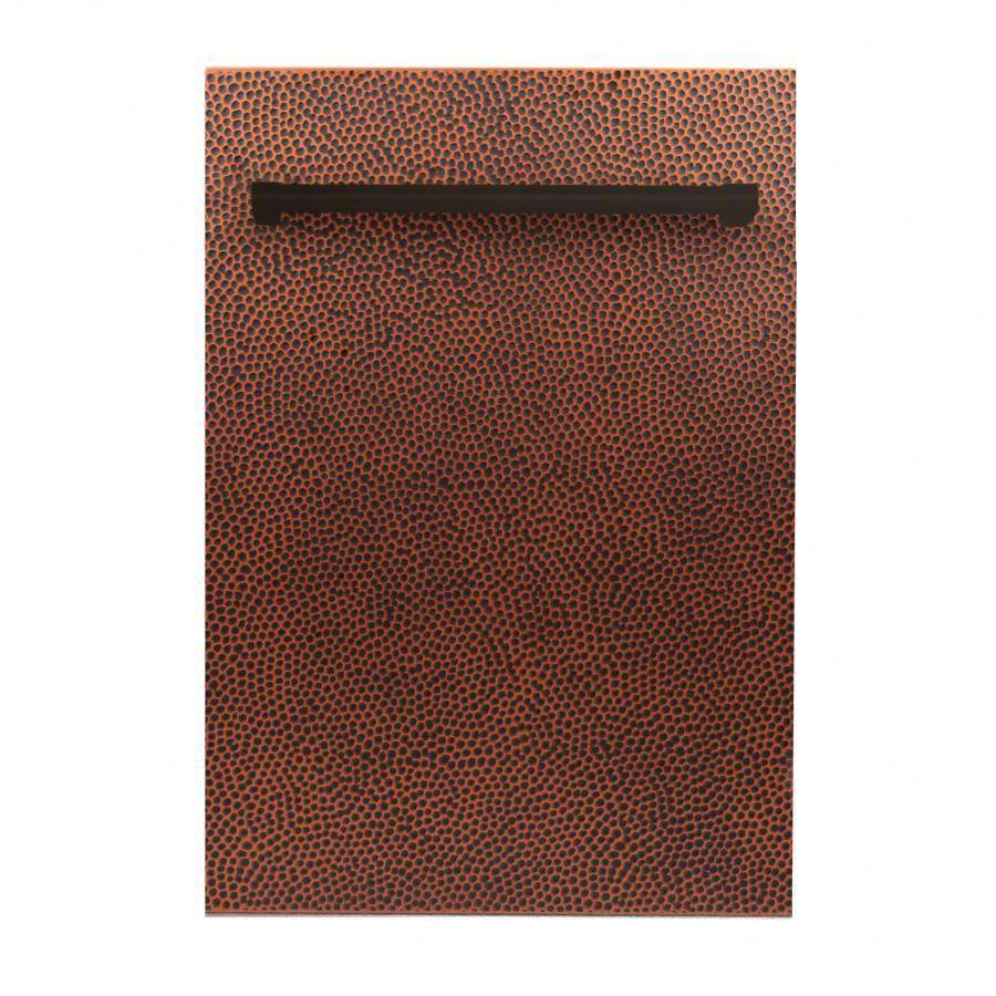 Hand-hammered copper dishwasher front panel with textured oval pattern