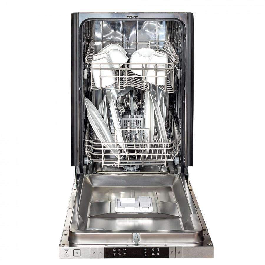 Built-in dishwasher open showing stainless tub and wire dish racks