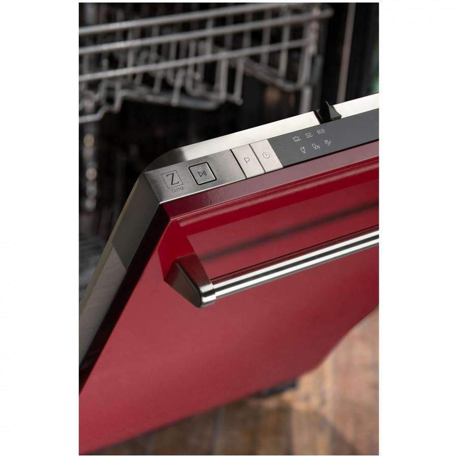Red gloss dishwasher door with stainless steel handle and control buttons