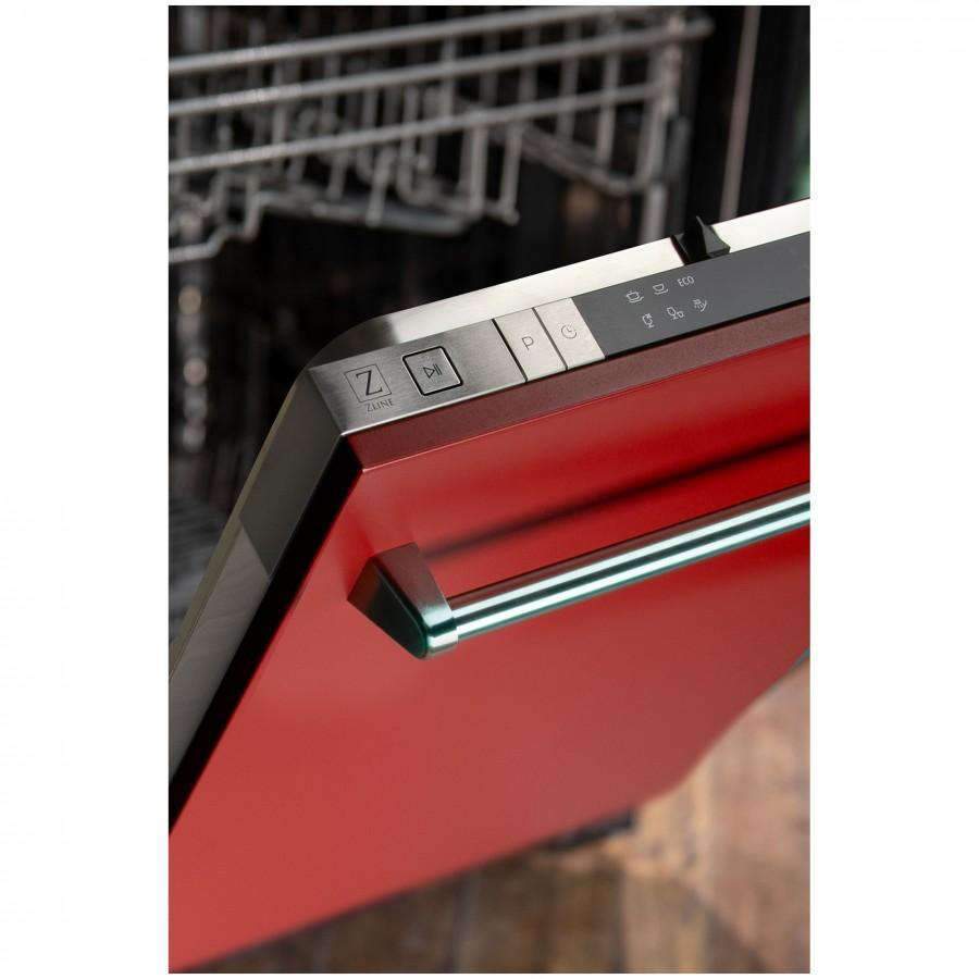 Red matte dishwasher top control bar with stainless trim and icon buttons