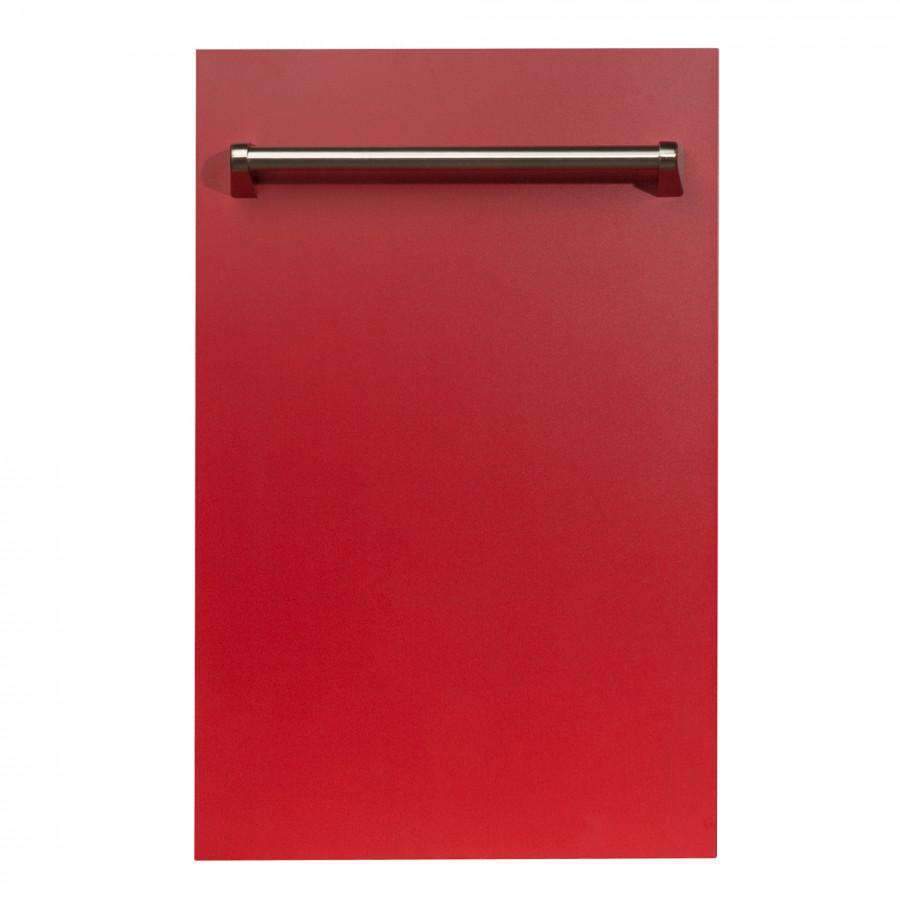 Red matte dishwasher door panel with traditional stainless steel bar handle