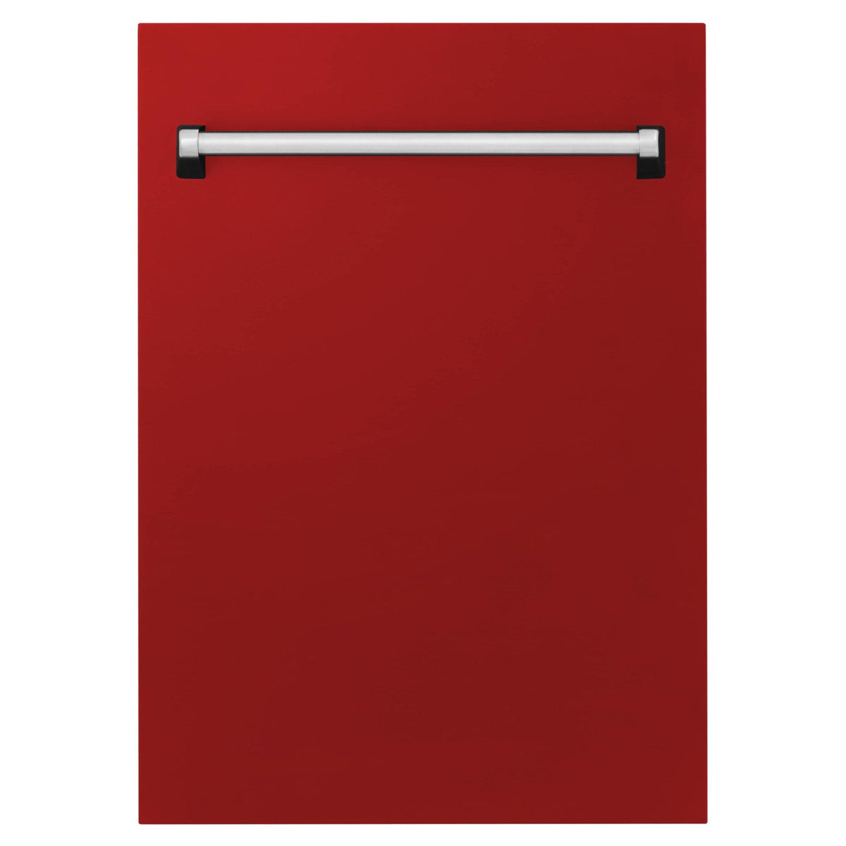 Red gloss dishwasher door panel with stainless steel handle, front view