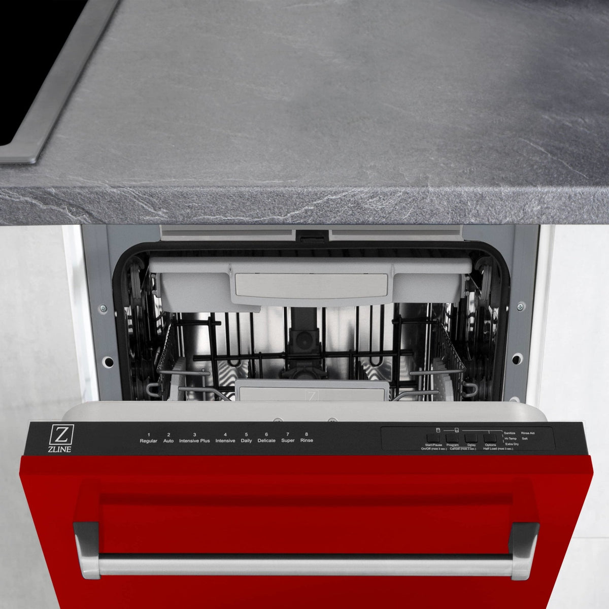 Open dishwasher door front control panel above interior racks and spray system