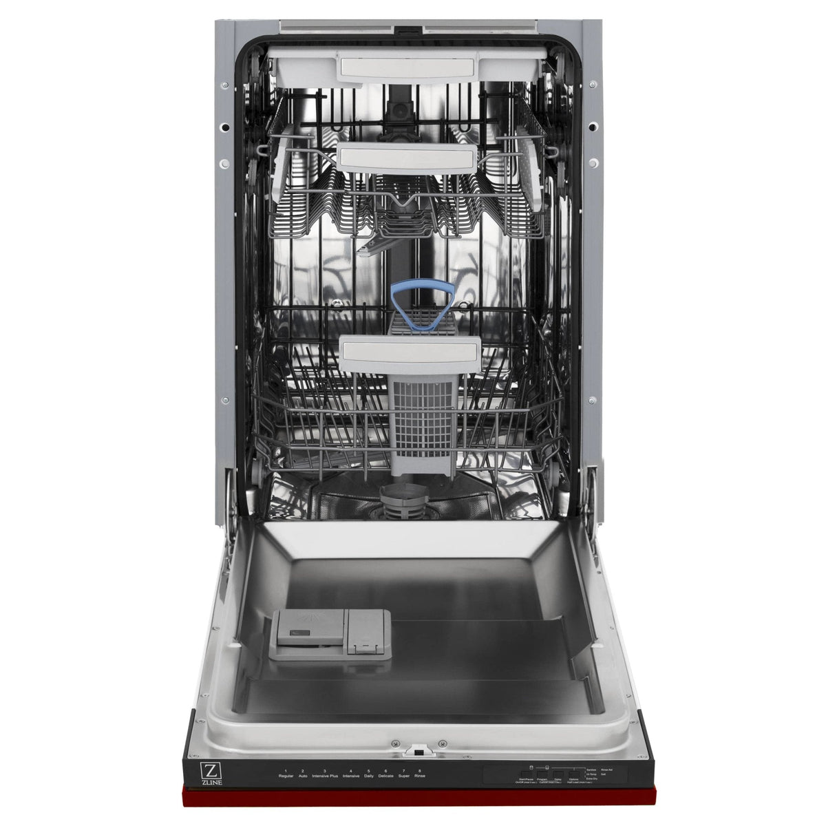 Dishwasher open rack interior with stainless steel tub and wire racks