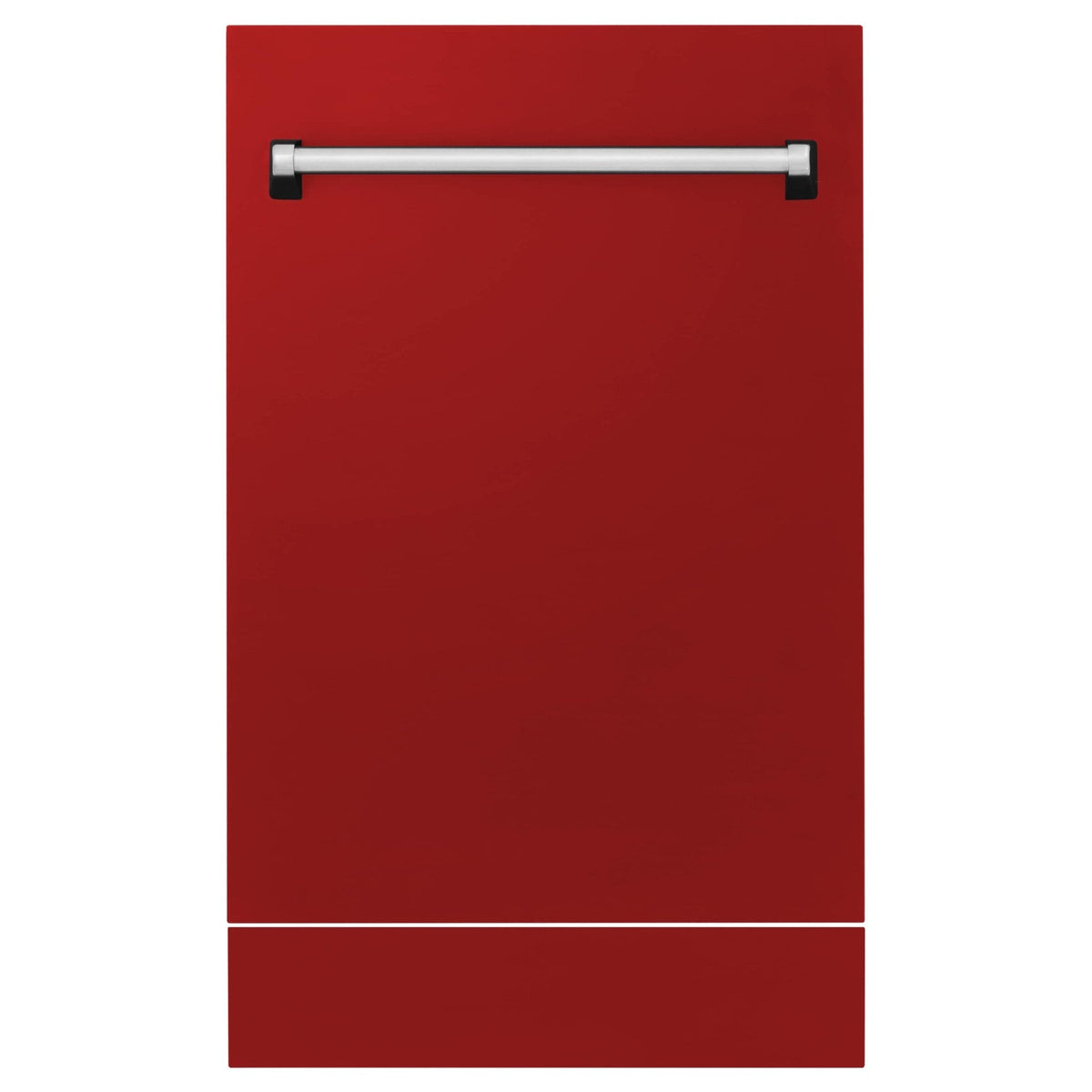 Red glossy two-tone front dishwasher view with top handle and lower panel