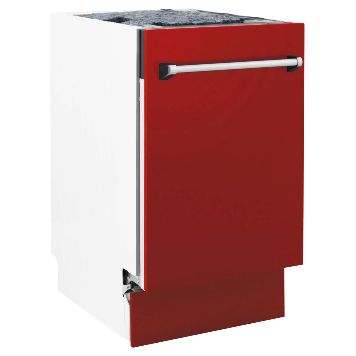 Red matte dishwasher with open door and horizontal stainless handle bar