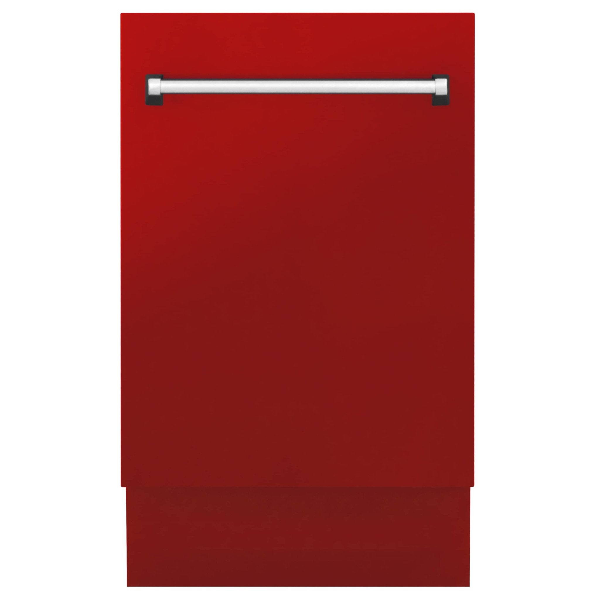 Red matte dishwasher front panel with stainless steel pull handle