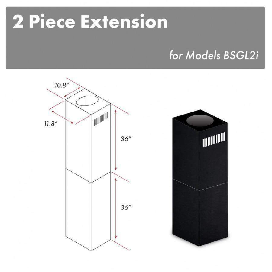 Black stainless steel 2-piece chimney extension with square top for vent hood.