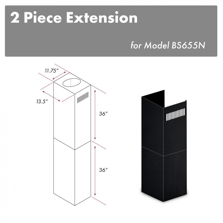 Black two-piece chimney extension for range hood, rectangular duct with vent slits