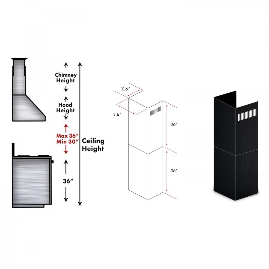 Two-piece black stainless steel chimney extension with rectangular flue sections
