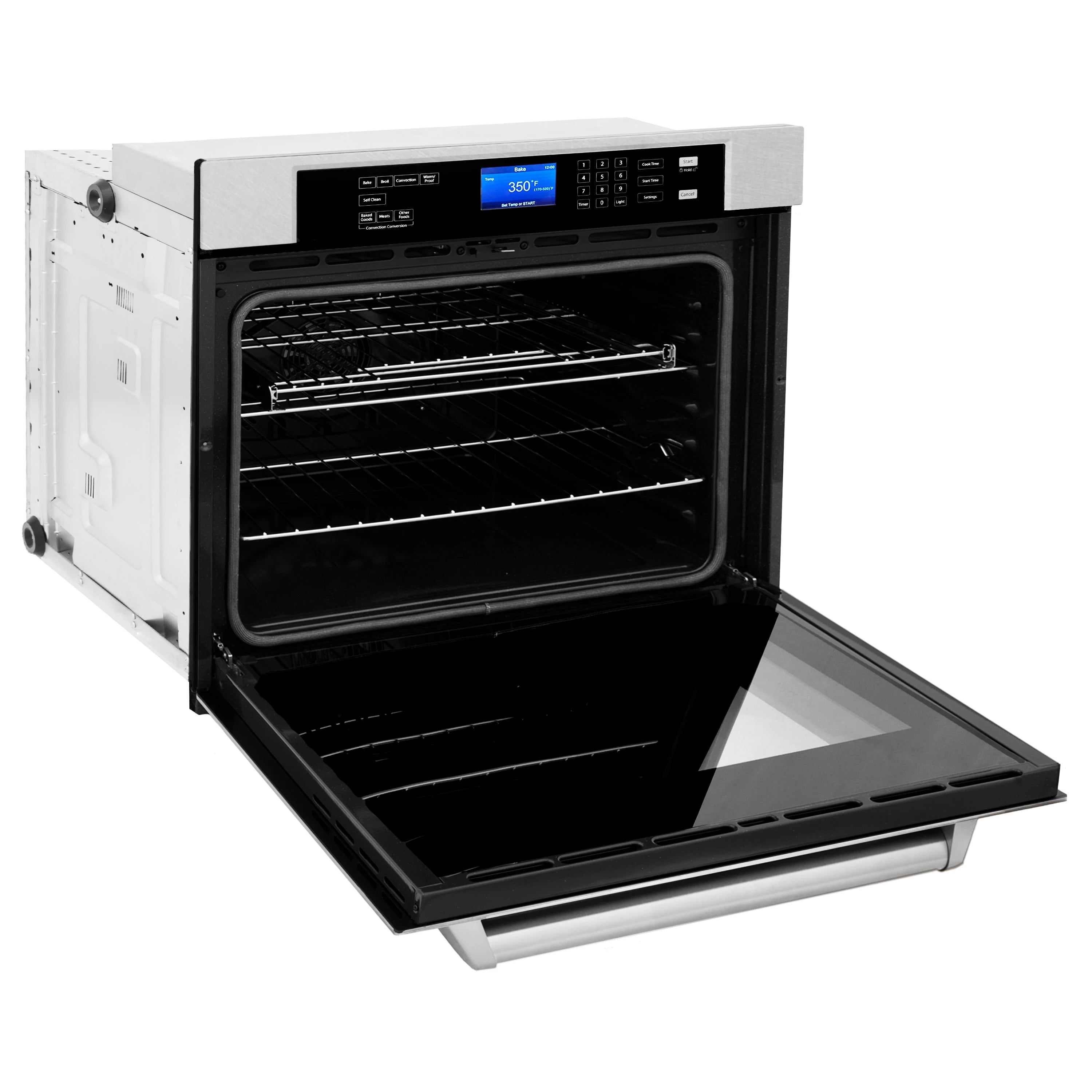 Stainless steel oven door fully open revealing black cavity and wire racks