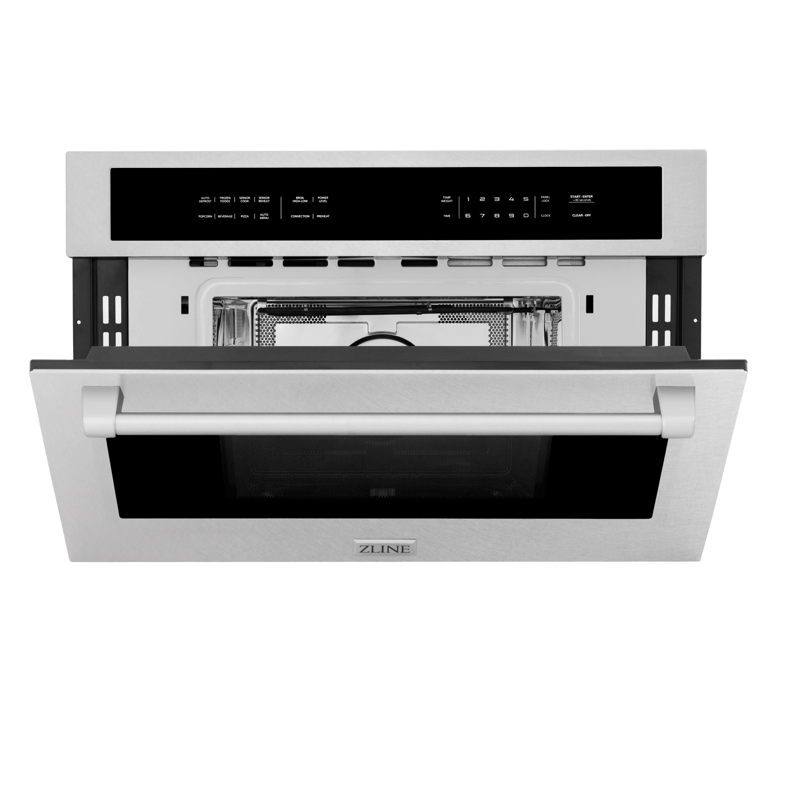 Stainless steel electric oven with open door showing black interior racks