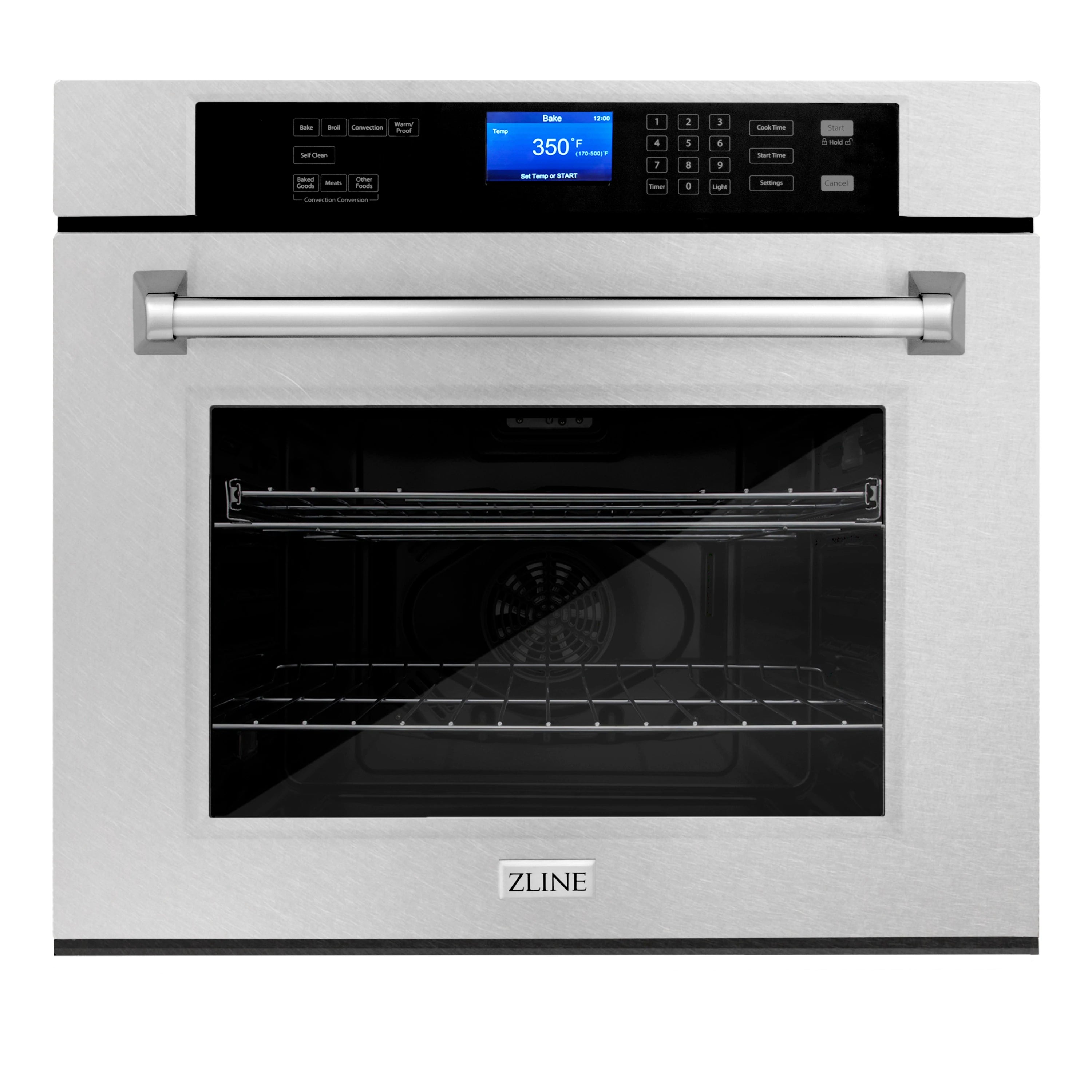 Stainless steel electric oven with open door showing racks through interior glass