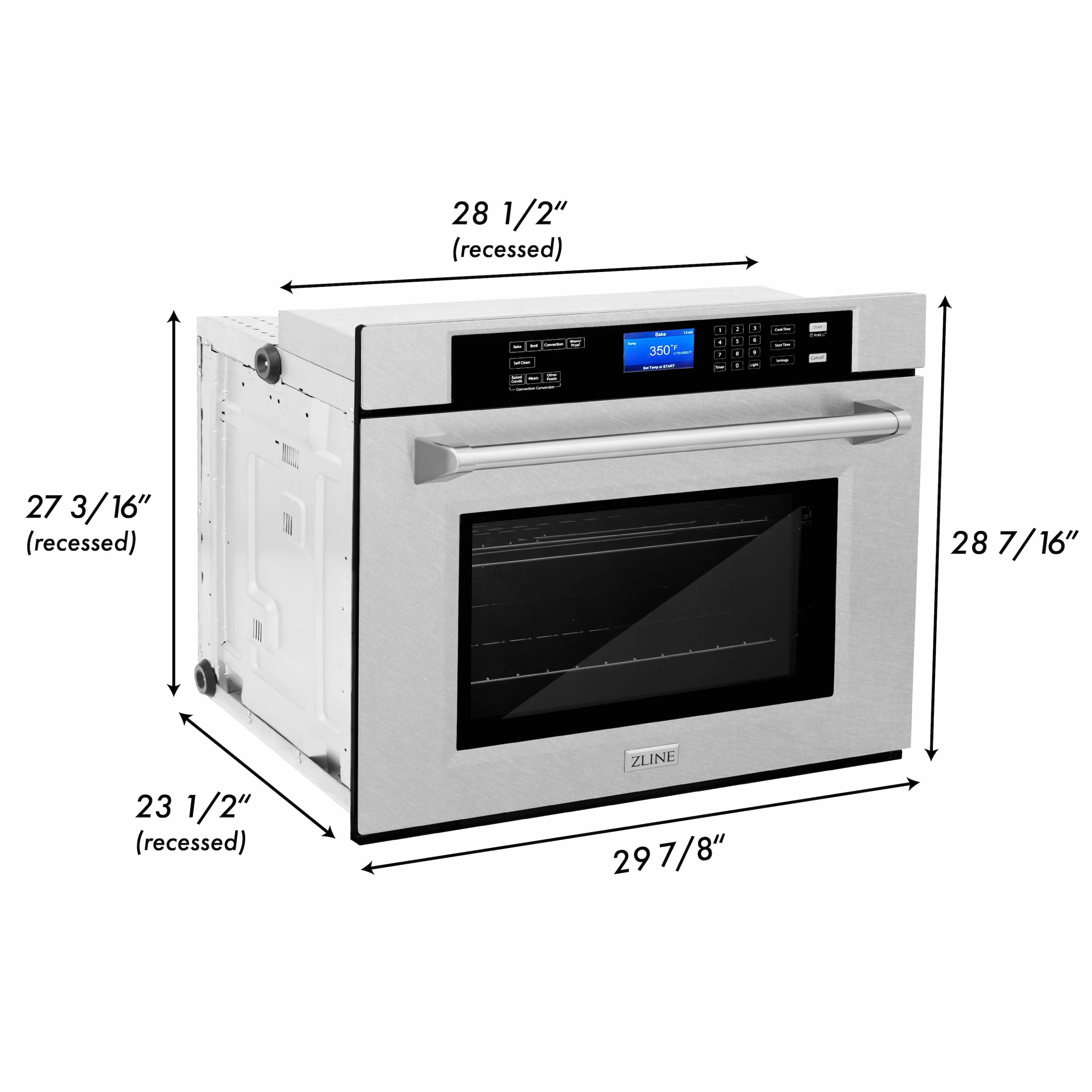 Electric wall oven with front panel and black glass door, shown with measurements