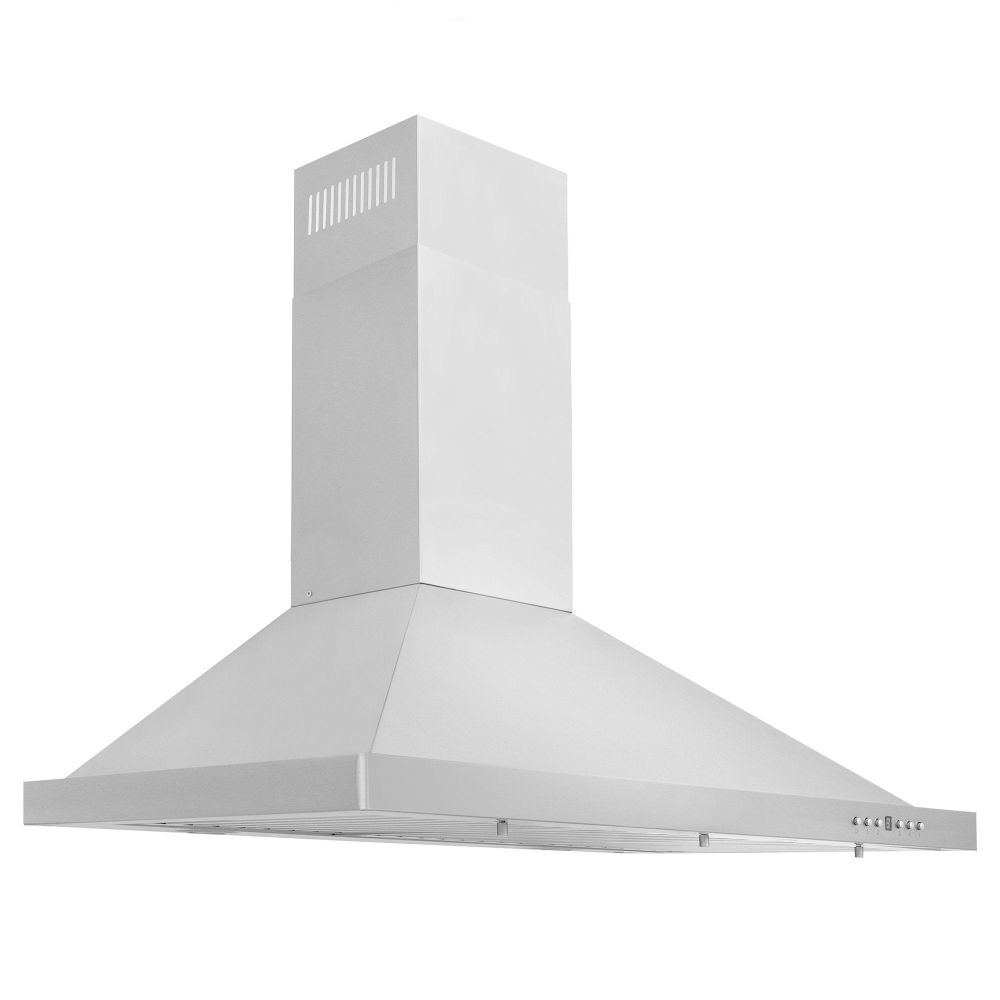 Convertible wall-mount stainless steel range hood, side profile view
