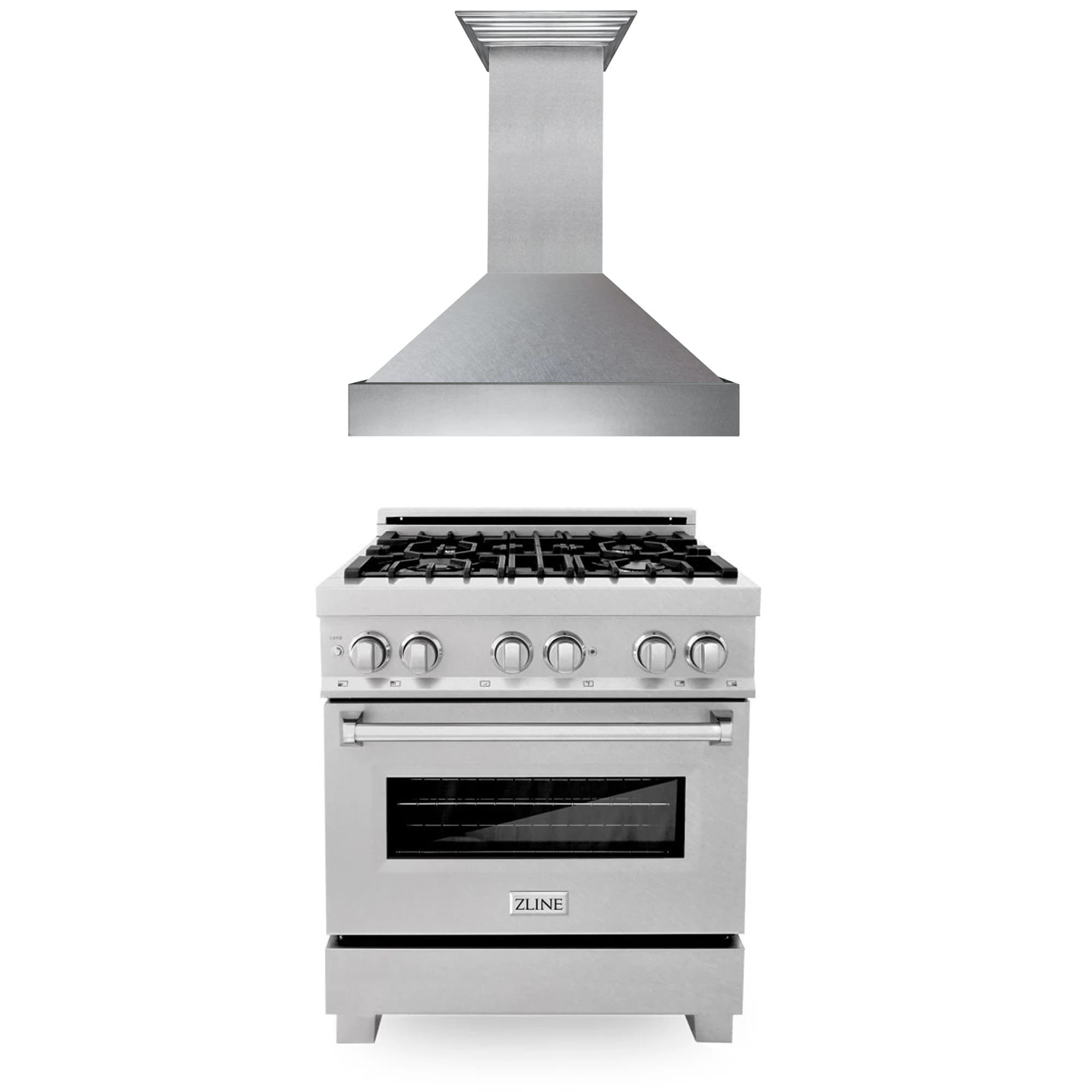 Satin stainless dual fuel range with control knobs, burner grates, and oven door